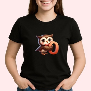 Tricou Alfabet Litera O cu animal Owl Buftinita, Negru, Unisex Dama si Barbat | Copii
