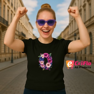Tricou Alfabet Litera O cu flori, margarete, flori colorate, Negru, Unisex Dama si Barbat | Copii - Img 3