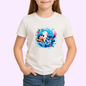 Tricou Alfabet Litera O cu Lilo si Stitch albastru, veselie mare, Alb, Unisex Dama si Barbat | Copii - Img 2