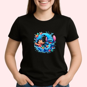Tricou Alfabet Litera O cu Lilo si Stitch albastru, veselie mare, Negru, Unisex Dama si Barbat | Copii