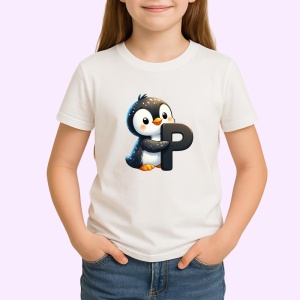 Tricou Alfabet Litera P cu animal Penguin Pinguin , Alb, Unisex Dama si Barbat | Copii