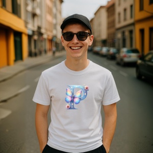 Tricou Alfabet Litera P cu fluturi colorati, stele aurii, flori colorate, Alb, Unisex Dama si Barbat | Copii - Img 4