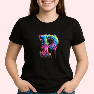Tricou Alfabet Litera P cu graffiti, design exploziv, arta urbana, Negru, Unisex Dama si Barbat | Copii