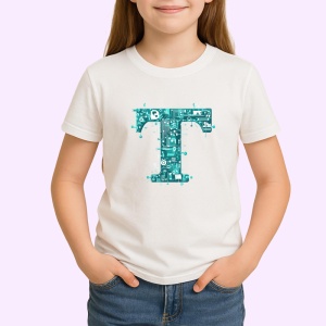 Tricou Alfabet Litera T cu circuite, cyber, tehnologie, Alb, Unisex Dama si Barbat | Copii - Img 2