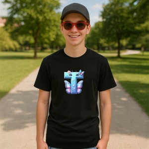 Tricou Alfabet Litera T cu fluturi colorati, stele aurii, flori colorate, Negru, Unisex Dama si Barbat | Copii - Img 4