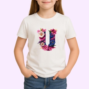 Tricou Alfabet Litera U cu flori, margarete, flori colorate, Alb, Unisex Dama si Barbat | Copii - Img 2
