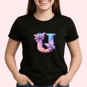 Tricou Alfabet Litera U cu fluturi colorati, stele aurii, flori colorate, Negru, Unisex Dama si Barbat | Copii