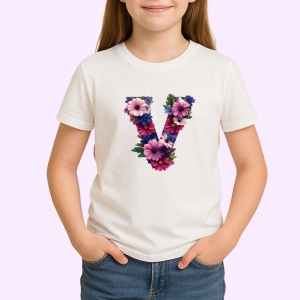 Tricou Alfabet Litera V cu flori, margarete, flori colorate, Alb, Unisex Dama si Barbat | Copii - Img 2