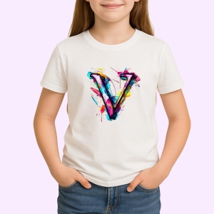 Tricou Alfabet Litera V cu graffiti, design exploziv, arta urbana, Alb, Unisex Dama si Barbat | Copii - Img 2
