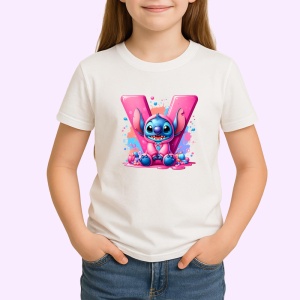 Tricou Alfabet Litera V cu Stitch Roz fericit, explozie de culori, Alb, Unisex Dama si Barbat | Copii - Img 2