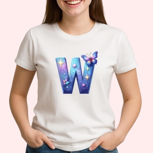 Tricou Alfabet Litera W cu fluturi colorati, stele aurii, flori colorate, Alb, Unisex Dama si Barbat | Copii