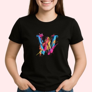 Tricou Alfabet Litera W cu graffiti, design exploziv, arta urbana, Negru, Unisex Dama si Barbat | Copii