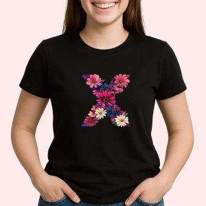 Tricou Alfabet Litera X cu flori, margarete, flori colorate, Negru, Unisex Dama si Barbat | Copii