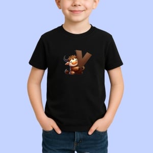 Tricou Alfabet Litera Y cu animal Yak Bivol, Negru, Unisex Dama si Barbat | Copii - Img 2