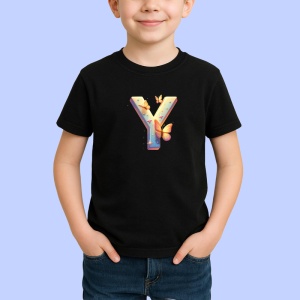 Tricou Alfabet Litera Y cu fluturi colorati, stele aurii, flori colorate, Negru, Unisex Dama si Barbat | Copii - Img 2