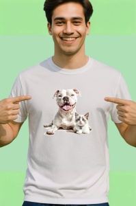 Tricou American Pitbull Terrier si pisica Ragdoll prieteni adorabili pe fundal albastru Copii | Dama | Barbat Barbat - Img 2