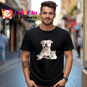 Tricou American Pitbull Terrier si pisica Ragdoll prieteni adorabili pe fundal albastru Copii | Dama | Barbat, negru - Img 5