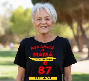 Femeie zâmbitoare purtând un tricou cu mesajul: ''Așa arată o mamă adevărată la 87 de ani''