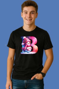 Tricou B Litera Craciun Roz Cu Om De Zapada Fulgi De Zapada, din bumbac 100% Copii | Dama | Barbat - Img 2