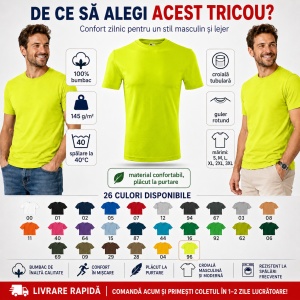 Tricou Bărbat, 100% Bumbac, 145 g/m², Guler Rotund, 26 Culori, Mărimi S–3XL - Img 2