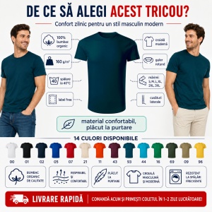 Tricou Bărbat 819 Epic, 100% Bumbac Organic, 160 g/m², Guler Rotund, 14 Culori, Mărimi S–3XL - Img 2