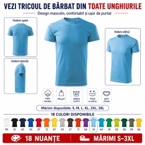 Tricou Bărbat Basic Free, 100% Bumbac, Guler Rotund, Croială Tubulară, S–3XL, 18 Culori - Img 6