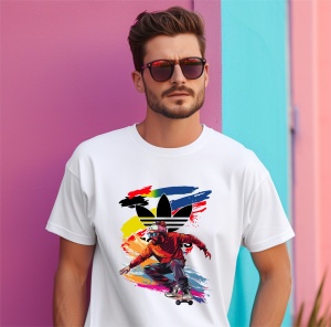 Bărbat purtând ochelari de soare și un tricou alb cu un design vibrant ce include un skater în mișcare și un fundal abstract colorat, pozând lângă un perete în nuanțe de roz și albastru.