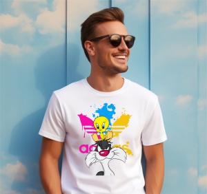Bărbat zâmbitor purtând ochelari de soare și un tricou alb cu un design viu colorat care include personajele Tweety și Sylvester, pe un fundal artistic cu roz, albastru și galben, pozând în fața unui perete albastru decorat cu nori.