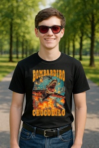 Tricou Barbat Tralalero Tralala cu personajul Bombadiro Crocodilo Meme Crocodilo Fire - Italian Brainrot - Img 2