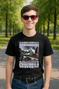 Tricou Barbat Tralalero Tralala cu personajul Bombardiro Crocodilo - Italian Brainrot Meme (1) - Img 2
