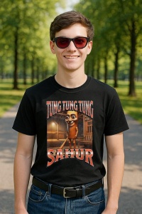 Tricou Barbat Tralalero Tralala cu personajul Tung Tung Sahur Funny Italian Brainrot Meme Graphic - Img 3