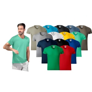 Barbat chipes imbracat in tricou barbat cu guler in v de culoare verde menta si in partea dreapta toate culorile disponibile