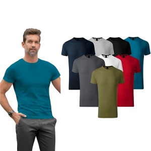 Barbat imbracat in tricou din bumbac de culoare albastru prezentand culorile disponibile rosu, alb, negru, gri, kaki
