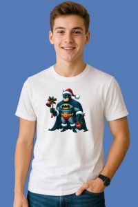 Tricou Batman Christmas Cu Caciula Si Decoratii, din bumbac 100%, tricou alb, Copii | Dama | Barbat