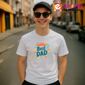 Tricou Best Dad Mustata Portocalie Elemente Marine, din bumbac 100% , tricou alb pentru Barbat