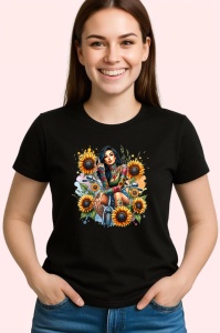 Tricou Biker girl with sunflowers, fata motociclista cu floarea soarelui, Copii | Dama | Barbat , tricou negru - Img 3