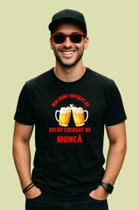 Tricou bine cocosat de munca mesaj cu doua halbe de bere (2), Copii | Dama | Barbat , tricou negru