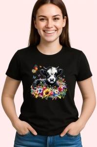 Tricou Black white cow flower field, vaca alb negru in camp cu flori, Copii | Dama | Barbat , tricou negru - Img 3