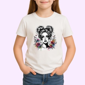 Tricou black white floral portrait sketch, portret floral alb negru in stil schita, Copii | Dama | Barbat - Img 3
