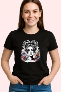 Tricou Black white floral portrait sketch, portret floral alb negru in stil schita, Copii | Dama | Barbat , tricou negru