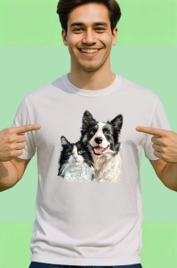 Tricou Border Collie si pisica alb negru adorabili impreuna Copii | Dama | Barbat Barbat - Img 2