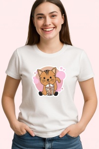 Tricou Bubble Tea Cat, din bumbac 100%, tricou alb, Dama | Barbat - Img 2