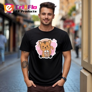 Tricou Bubble Tea Cat, din bumbac 100%, tricou negru, Dama | Barbat - Img 1
