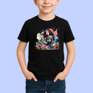 Tricou Butterfly girl pink hair coffee, fata par roz fluturi si cafea, Copii | Dama | Barbat , tricou negru - Img 2