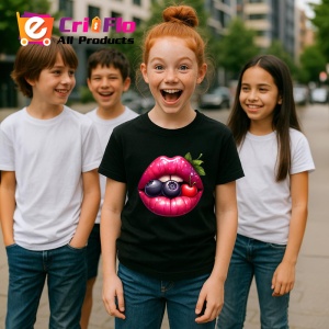 Tricou Buze afine si cirese, Lip gloss, Copii | Dama, culoare negru - Img 6