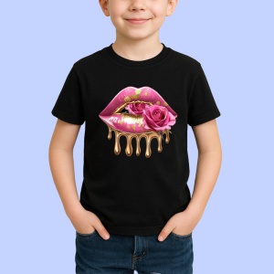 Tricou Buze alb-violet cu trandafiri asortati, Lip gloss, Copii | Dama, culoare negru - Img 2