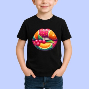 Tricou Buze crem cu trandafiri roz delicati, Lip gloss, Copii | Dama, culoare negru - Img 3