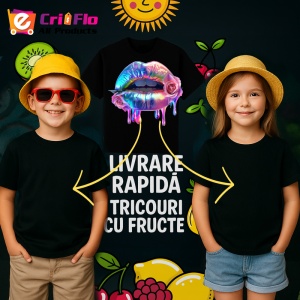 Tricou Buze crem cu trandafiri roz delicati, Lip gloss, Copii | Dama, culoare negru - Img 12