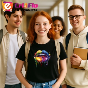 Tricou Buze curcubeu cu efecte de vopsea fundal albastru Copii | Dama | Barbat, culoare negru - Img 9