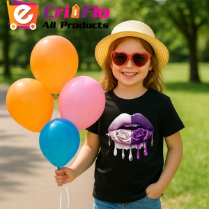 Tricou Buze curcubeu cu trandafir galben, Lip gloss, Copii | Dama, culoare negru - Img 9